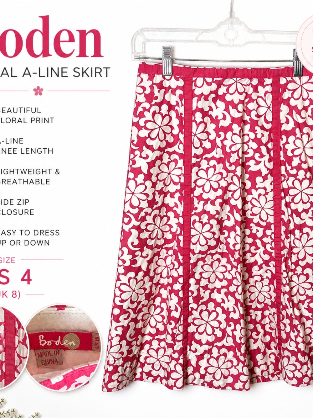 Boden Women's Pink Floral A-Line Skirt Silk